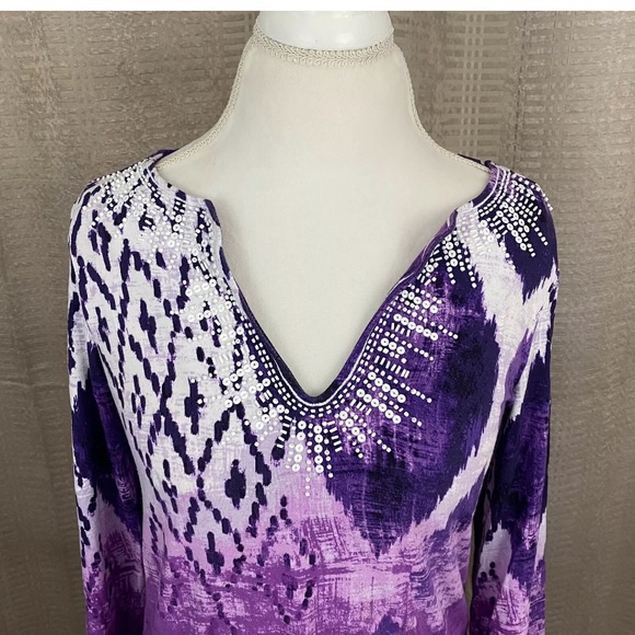 Chico's Sequin Bead Embellished Boho Tye Dye IKAt Tunic - Picture 3 of 10